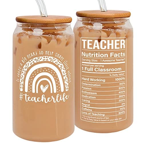 Teacher Appreciation Gifts for Women - Birthday, Valentines, Back To School, Thank You Gifts for Teachers Women - Preschool Daycare Teaching Glass Cup with Lid, Straw & Brush - 16 Oz Can Glass - Image 1