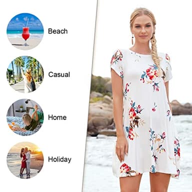 HOTGIFT Women Dresses Summer Casual Dress Swing Beach Sundresses Short Sleeve with Pockets Floral White Large - Image 4