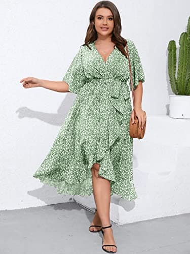 SCOMCHIC Women's Plus Size Long Dresses Short Sleeve High Low Split Flowy Beach Maxi Dress Green 3XL - Image 7