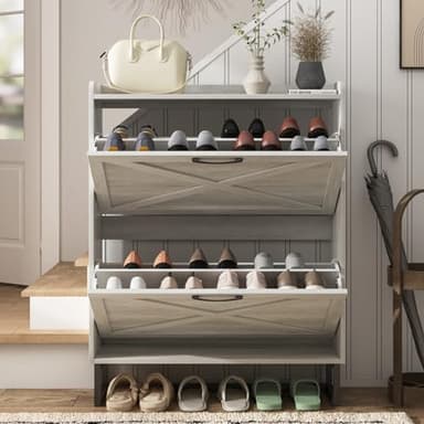 Maupvit Shoe Storage Cabinet with 2 Flip Drawers, Freestanding Organizer with Metal Legs for Entryway, Narrow Shoe Rack Cabinet, Beige - Image 3