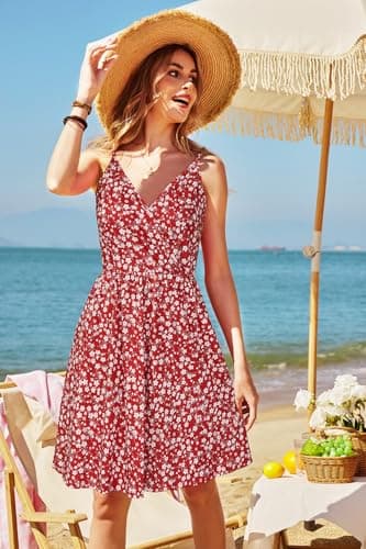 STYLEWORD 2025 Womens Summer V Neck Dresses Sun Spaghetti Strap Petite Sundress Casual Beach Hawaiian with Pocket(Floral46-412,M) - Image 2