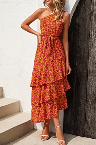PRETTYGARDEN Women's Summer Floral Sundress Casual One Shoulder Tiered Ruffle Flowy Midi Beach Boho Dresses (Floral Orange Rose Red,Large) - Image 3
