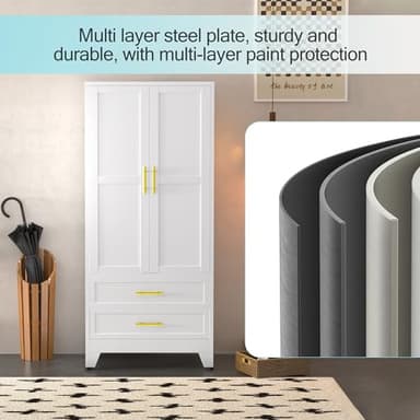 erosoei Metal Armoire Wardrobe Closet, 71 "Metal Clothing Storage Cabinet with Adjustable Shelves and Hanging Rod, Household Steel Wardrobe Storage Cabinet with Drawers (armoire-White) - Image 5