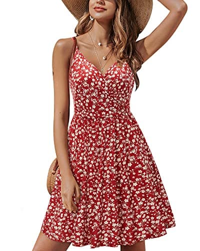 STYLEWORD 2025 Womens Summer V Neck Dresses Sun Spaghetti Strap Petite Sundress Casual Beach Hawaiian with Pocket(Floral46-412,M) - Image 1