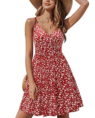 STYLEWORD 2025 Womens Summer V Neck Dresses Sun Spaghetti Strap Petite Sundress Casual Beach Hawaiian with Pocket(Floral46-412,M) - Image 1