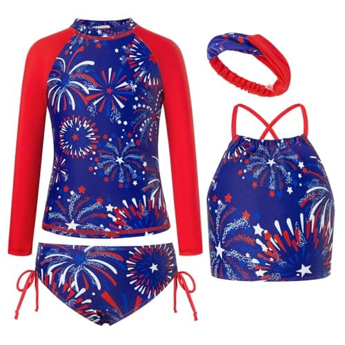 GRACE KARIN Girls Bathing Suit Size 6 Rash Guard Swimsuit for Girls Fashion Tankini 4th of July Swimwear Red - Image 1