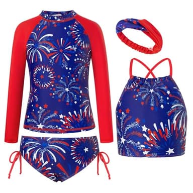GRACE KARIN Girls Bathing Suit Size 6 Rash Guard Swimsuit for Girls Fashion Tankini 4th of July Swimwear Red - Image 1