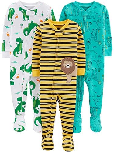 Simple Joys by Carter's Baby Boys' Snug-Fit Footed Cotton Pajamas, Pack of 3, Dinosaur/Animal, 18 Months - Image 1