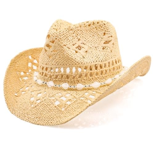 WQWOVRVO Cowboy Hat,Cowgirl Hat,Cowboy Hats for Women/Mens/Straw Wide with Shapeable Brim Cowboy Hats for Womens/White/Black/Beige (Beige+White) - Image 1