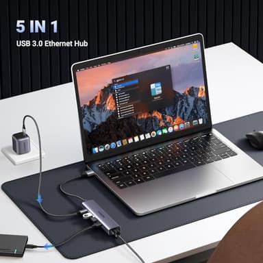 UGREEN USB to Ethernet Adapter, 5 in 1 USB Hub with Ethernet, Plug and Play, Multiport Network Adapter with 3 USB 3.0 Port, Gigabit RJ45, USB-C Power Port Compatible for Laptop MacBook XPS Windows 11 - Image 2