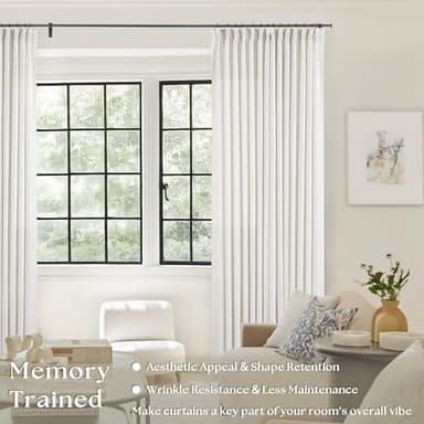 Beige White Linen Curtains 108 Inches Long 2 Panels Set for Living Room Neutral Boho Thick Linen Textured Pinch Pleated Memory Shape Light Filtering Ceiling Semi Sheer Window Curtain Hook Rings Ivory - Image 2