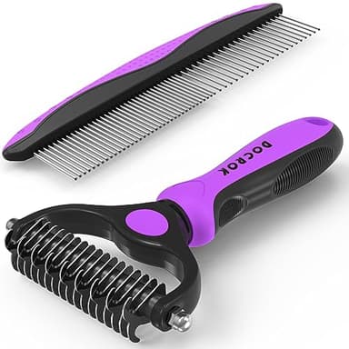Docrok Pet Grooming Brush and Metal Comb Combo - Undercoat Rake for Dematting and Deshedding Long Matted Haired Dogs and Cats, Purple - Image 1