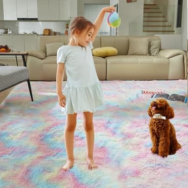 Fluffy Colorful Rug for Living Bedroom, Rainbow Fluffy Soft Plush Area Rugs for Girls Bedroom, Fuzzy Nursery Rug for Baby's Toddler's，Clorful Room Decor for Teenage, Easy-Cleaning, Non Shedding, 3X4 - Image 7