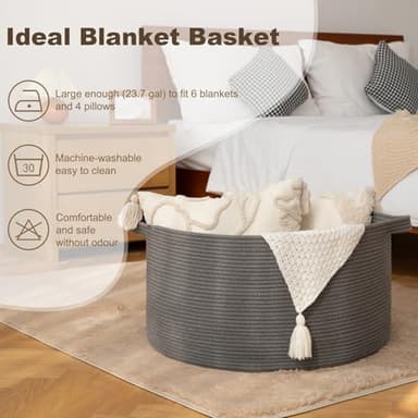 OIAHOMY 90L Large Blanket Basket with Handle, Blanket Storage for Living Room 23" x 23" x 13", Laundry Basket for Blankets, Pillows, Large Woven Rope Baskets for Kids, Dogs Toys - Grey - Image 3