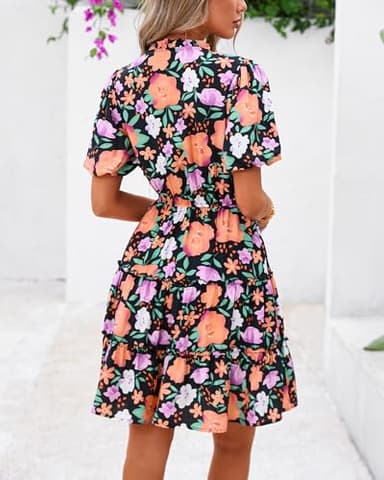 BTFBM Women Summer Floral Short Dresses V Neck Short Sleeve Tiered Ruffle Boho Swing Dress A-Line Mini Dresses(Black Orange Yellow Floral,Small) - Image 7