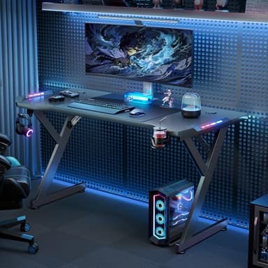 HLDIRECT 63 INCH Gaming Desk with LED Lights, Home Office Gamer Desk, Ergonomic Computer Table with Large Carbon Fiber Desktop, Office Workstation with Mouse Pad, Cup Holder & Headphone Hook, Black - Image 2