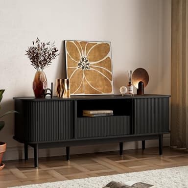 MAISONARIA 63" Black TV Stand, Fluted Entertainment Center for TVs up to 70'', Modern TV Stand with Storage, Entertainment Center with Sliding Doors, Wood Media Console for Bedroom, Living Room - Image 8