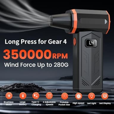 Compressed Air Duster,350,000RPM Turbo Jet Blower with LED Display and Light,4-Gear Adjustable Mini Air Broom,Electric Air Duster for Keyboard,PC,Car and Home,Replace Compressed Air Can (Orange) - Image 3
