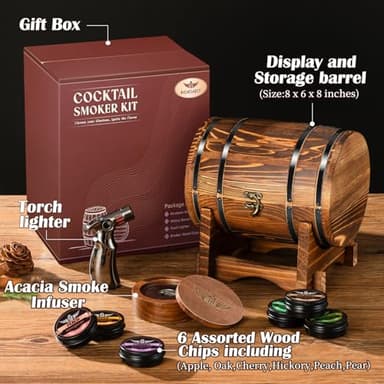 Whiskey Smoker Kit with Charred Wood Barrel (Patent Pending) – Cocktail Smoker with Torch & 6 Premium Wood Chips for Old Fashioned & Whiskey – Perfect Home Bar Gift for Men, Dad, Husband (No Butane) - Image 6