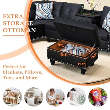 Wakefit Sectional Sofa Couch, Modern 4-Seaters Living Room Furniture Sets with Chaise Lounge, Ottoman & 2 Pillows | L Shape Couch | Cup Holder | Faux PU Leather, Black - Image 5