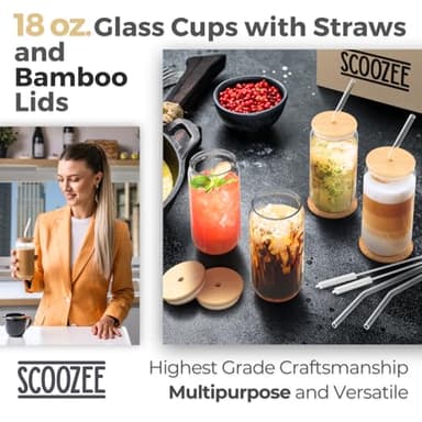 Scoozee Iced Coffee Cups [4 Pcs-18Oz] Beer Glasses with Bamboo Lids & Glass Straws, & Straws, Coffee Tumbler, Housewarming Gifts, New Home - Image 2