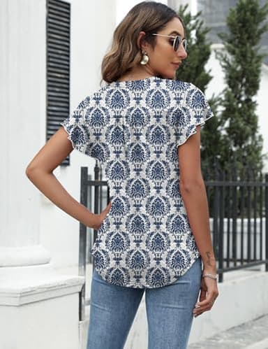 LOMON Summer Dressy Tops for Women 2025 Casual Cute Flutter Sleeve T-Shirts Ladies Trendy Ruffle Short Sleeve Loose V-Neck Peplum Blouses (Blue Ethnic,Medium) - Image 4