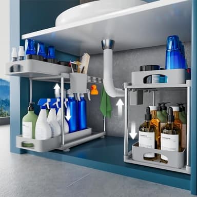 VERIFOST 2 Pack Adjustable Gray Under Sink Organizers, 2 Tier Pull Out Storage, Kitchen Bathroom Office Laundry Room Living Room - Image 1