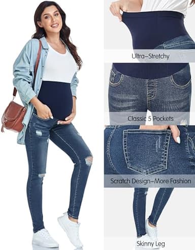 PACBREEZE Women's Maternity Jeans Over Belly Skinny Stretchy Denim Pants Comfy Slim Pregnancy Pants (Ripped Indigo Blue, XX-Large) - Image 2