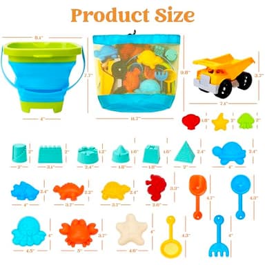 Sloosh Beach Sand Toys Set - Dump Truck Car Toy with Sand Molds for Toddlers Outdoor Play, Collapsible Foldable Buckets Mesh Bag Shovels Castle Animal Mold Sets, Kids Ages Sandbox Toys (Animals) - Image 6