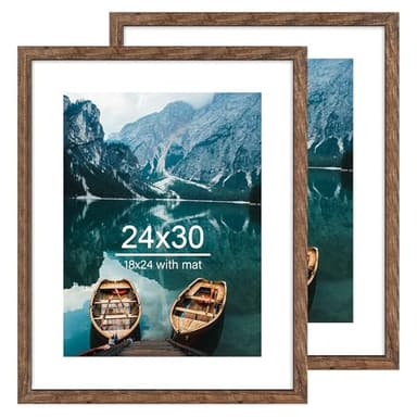 Hongkee 24x30 Frame Set of 2, Rustic Brown Wood Style - Display 18x24 Picture Frame with Mat or 24 x 30 Poster without Mat, Wall Mounting Horizontal and Vertical - Image 1