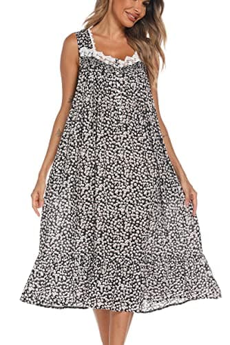 AVIIER Cotton Nightgowns for Women Sleeveless House Dress Ladies Long Nightdress with Pockets (Black Flower, Large)… - Image 4