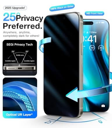 UltraGlass 9H+ Glass for iPhone 16 Pro Privacy Screen Protector [No.1 Military Grade Shatterproof & 100% Anti Spy] Privacy Screen 16 Pro Tempered Glass [Longest Durable] 2 Pack - Image 4