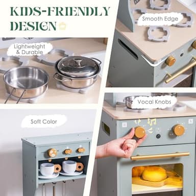 ROBUD Play Kitchen Set, Wooden Play Kitchen with Ice Maker, Fridge, Coffee Machine, Oven, Dishwasher, Microwave, Kitchen Accessories, Toy Kitchen Gift for Boys Girls, 3+ - Image 7