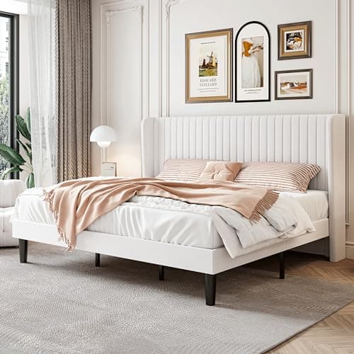 SHA CERLIN King Size Velvet Bed Frame with Vertical Channel Tufted Wingback Headboard, Upholstered Platform Bed with Wood Slats, No Box Spring Needed, Easy Assembly, White - Image 1