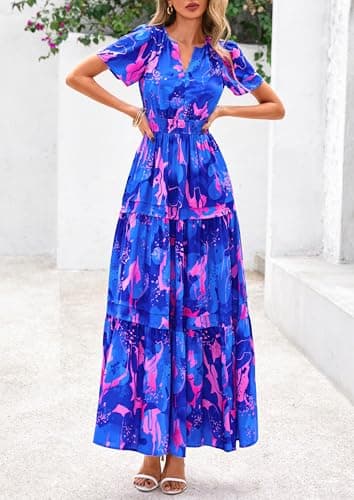 PRETTYGARDEN Women's 2025 Summer Boho Maxi Dresses Floral Short Sleeve V Neck A Line Tiered Flowy Long Beach Vacation Dress (Royal Blue,X-Large) - Image 5