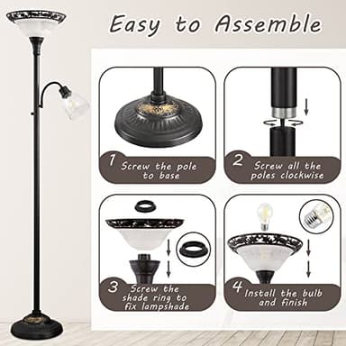 Floor Lamps for Living Room, 70" Floor Lamp Standing Torchiere Lamp with Etched Glass Shade, Metal Pole & Heavy Base, Vintage Tall Corner Lamp Decor for Bedroom, Living Room, Office. No Bulbs (2 Head) - Image 7