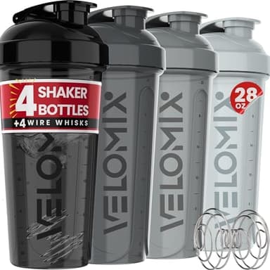 VELOMIX -4 Pack- 28 oz Protein Shaker Bottles for Protein Mixes - 4x Wire Whisk | Leak Proof Shaker Cups for Protein Shakes | Protein Shaker Bottle Pack (Silver Mix - Image 2