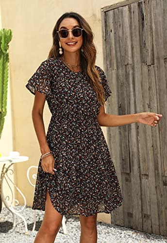 Manydress Women's Chiffon Floral Casual Summer Boho Flutter Sleeve Flowy Skater Western Dress MY112 (Black Print, M) - Image 4