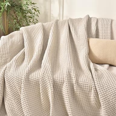 PHF 480GSM 100% Washed Cotton Waffle Weave Blanket, Cozy Breathable Skin-Friendly Throw Queen Size for All Season,Luxury Fall Layer Bedspread for Couch Bed Sofa,Elegant Home Decor,Natural,90"x90" - Image 7