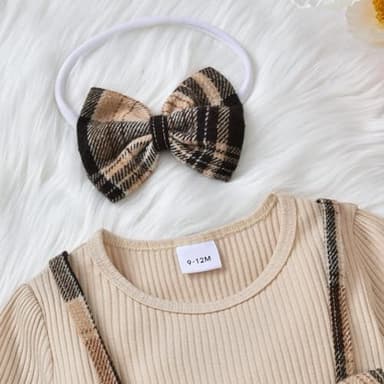 PATPAT Baby Girl Dress Newborn Infant Girls Long Sleeve Fall Ribbed Flannel Dress Toddler Suspender Dress with Bowknot Headband Khaki 6-9 Months - Image 5
