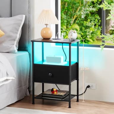 LOAKEKEL Night Stand Set 2, LED Nightstand with Charging Station, End Tables Living Room with Fabric Drawer, Small Side Tables for Bedroom, Small Space, Black, HETS01BK - Image 4
