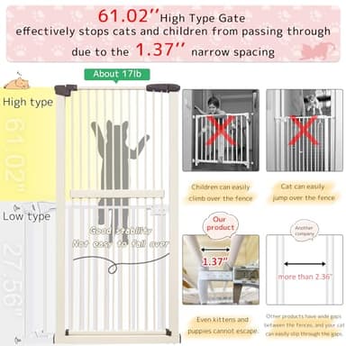 Lumizone Extra Tall Cat Gate 61.02" High Pressure Mounted Extra Wide 26.38"-30.11" (17Sizes) 1.37" Gap No Drilling Auto-Close Tall Pet Gate for Dogs (Cream, 26.38"-30.11"/67-76cm) - Image 4