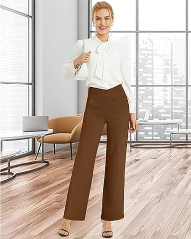 G4Free Yoga Pants for Women with Pockets Wide Leg Dress Pants with Pockets High Cross Waist Stretch Palazzo Pants Straight Leg(Dark Coffee,M,31") - Image 6