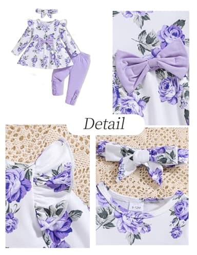 2T Girl Clothes 3T Toddler Girl Clothes Baby Girl Outfits Fall Cute Ruffle Shirt Top Floral Pants Set Infant Winter Clothes for Little Girls Purple - Image 4