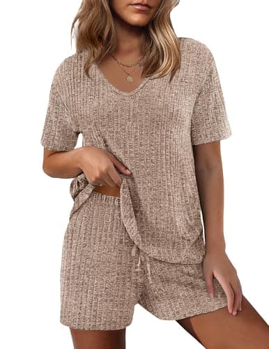 Ekouaer Womens 2 Piece Lounge Sets Summer Two Piece Outfits Ribbed Knit V Neck Short Sleeve Tee and Pockets Shorts Sets - Image 1