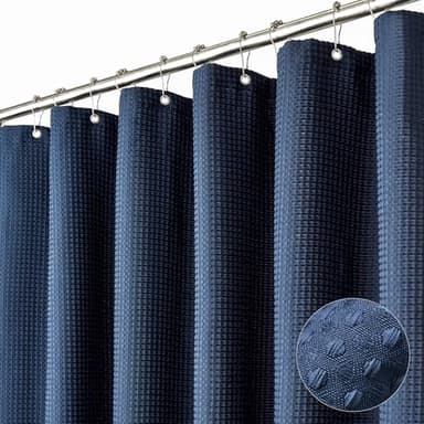 Dynamene Extra Wide Shower Curtain - 180 Inch Wide Waffle Weighted Thick Cloth Bathroom Shower Curtain, Neutral Heavy Duty Hotel Shower Curtain Set with 32 Plastic Hooks,180x72, Navy Blue - Image 1