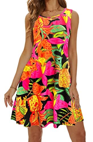 Summer Dresses for Women 2025 Casual Sundresses Beach Cover Ups Sleeveless Tshirt Swing Dress with Pockets Medium Pineapple - Image 2