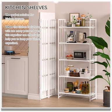 4NM No Assembly 5 Tiers Folding Bookshelf, 59.4" H Foldable Storage Shelves Vintage Bookcase Standing Racks Study Organizer Home Office - All White - Image 5