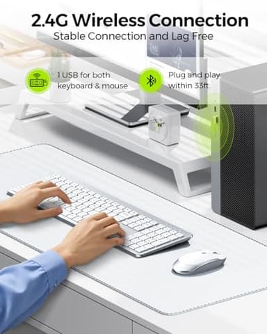 Wireless Keyboard and Mouse Combo - Full Size Slim Thin Wireless Keyboard Mouse with Numeric Keypad 2.4G Stable Connection Adjustable DPI (White & Silver) - Image 2