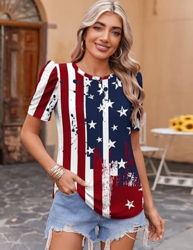 Zeagoo Shirts for Women 2025 Summer Tops American Flag Blouses Business Work Tunic Tee Puff Sleeve Tshirts - Image 3
